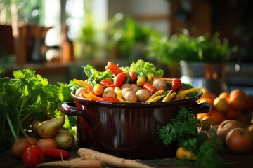 Vegetables in a pot on a wooden table.