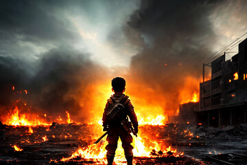 Lone soldier kid walking in destroyed city