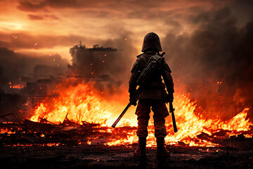Lone soldier kid walking in destroyed city
