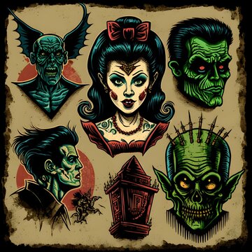 Traditional Tattoo flash style images of Classic movie Monsters vintage antique look Count Dracula Frankenstein Creature from the Black Lagoon Wolfman the Mummy skulls zombies creatures tattoo flash 