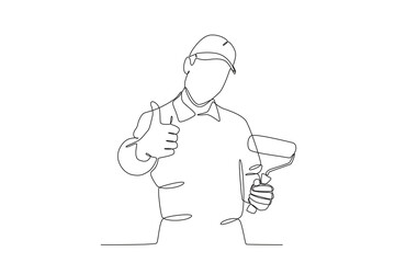 A man holding painting equipment. Painter one-line drawing