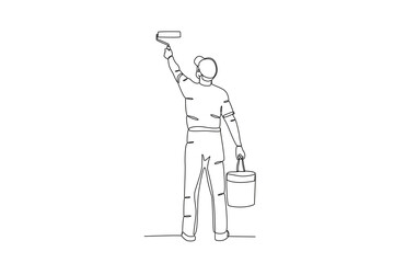 A man paints while holding a paint bucket. Painter one-line drawing