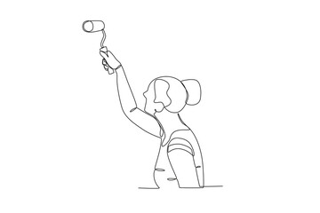 Side view of a woman painting with a roller. Painter one-line drawing