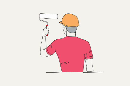 Color illustration of a painter painting a wall. Painter one-line drawing