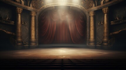 Theater stage with red curtains and spotlights.