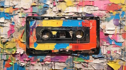 Generative AI, Closeup of impasto tape cassette colorful art painting textured background