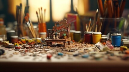 Obraz na płótnie Canvas Paint brushes and palette. Artist's workplace.