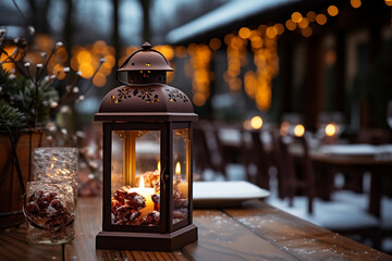 Fototapeta na wymiar Enchanting Winter Wonder, Illuminated Lantern Adorns Festive Wooden Table at Christmas Market