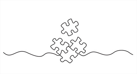 Continuous single line drawing of four puzzle pieces. Problem solving and solution business metaphor. One line drawing of puzzle piece for idea, business, thinking process, creativity. Editable stroke © mitay20
