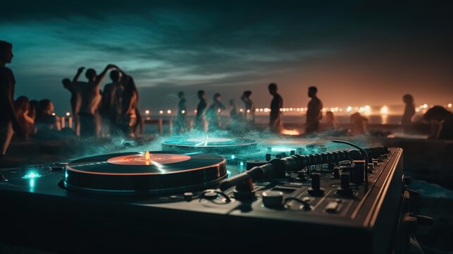 Night beach music party. Professional sound system dj console.