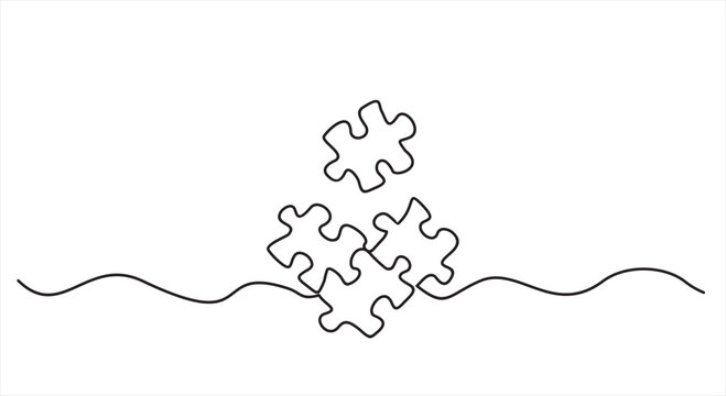Continuous single line drawing of four puzzle pieces. Problem solving and solution business metaphor. One line drawing of puzzle piece for idea, business, thinking process, creativity. Editable stroke