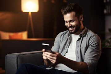 Man browsing smartphone in living room