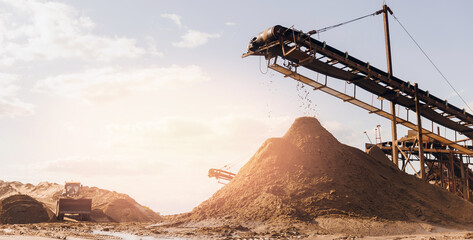 Sand quarry factory banner, Industrial plant with belt conveyor in open pit mining with Industry...