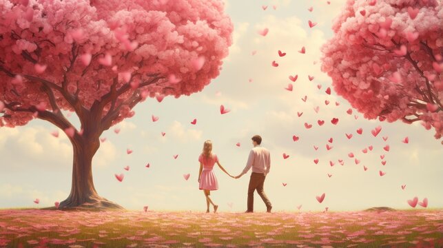 A couple in love walks in a park decorated with hearts, holding hands. Concept of romantic relationship, harmony and love. Illustration for cover, card, postcard, interior design, decor or print.