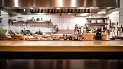 Illustration of professional restaurant or hotel kitchen interior with different utensils and furniture. Indoor background. - obrazy, fototapety, plakaty