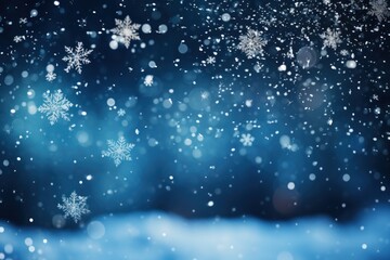 Falling snowflakes on blue night sky Bokeh with white snow and snowflakes on a blue background. Banner.