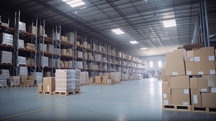 Illustration of modern spacious warehouse interior, logistic shelves with boxes. Storage indoor background.