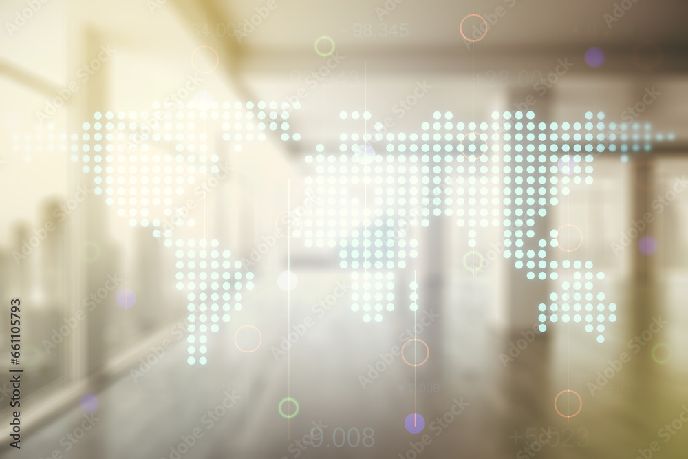 Aufkleber multi exposure of abstract creative digital world map hologram on empty modern office background, re
