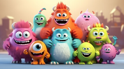 Fototapeta premium COLORFUL CHRISTMAS CARD WITH LAUGHING HAPPY CARTOON MONSTERS, HORIZONTAL IMAGE. image created by legal AI