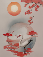 Artistic Image Japanese Zen Tao Crane with sunset Generative AI