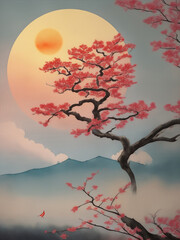 Artistic Image Japanese Zen Tao Crane with sunset Generative AI