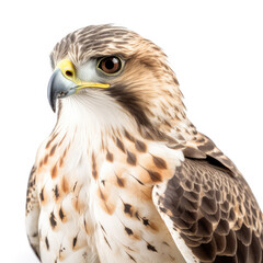 Obraz premium Hawk bird with light and brown feathers and yellow, grey beak looking on side. isolated on a white background