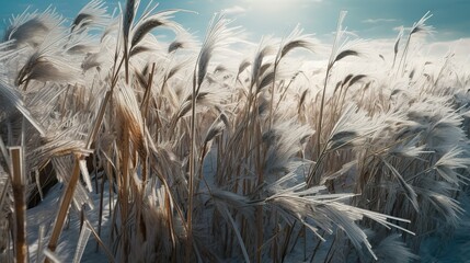 Illustration of frozen snow covered field with wheat. Spoiled rye crop. Outdoor snowy landscape. Farming background.