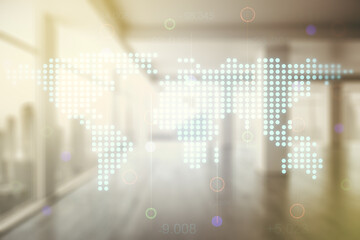 Multi exposure of abstract creative digital world map hologram on empty modern office background, research and analytics concept