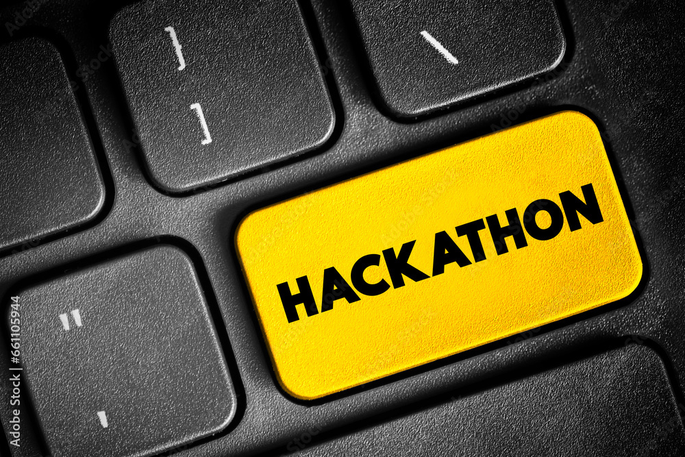 Poster hackathon text button on keyboard, concept background