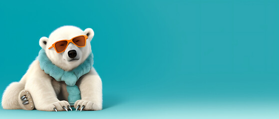 Cute funny bear smiling in winter holiday skiing. Wide pola bear banner with copy space side. generative ai