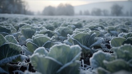 Field with frozen cabbage heads. Spoiled harvest of cole. Frosty weather. Outdoor farm background. - obrazy, fototapety, plakaty