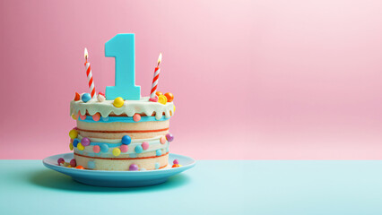 1st year birthday cake on isolated colorful pastel background
