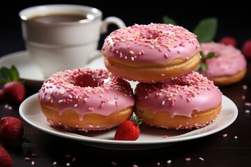 donuts with a mug of tea on a light background