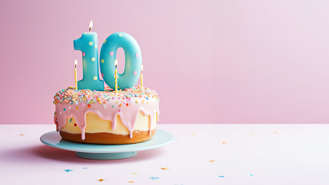10th year birthday cake on isolated colorful pastel background