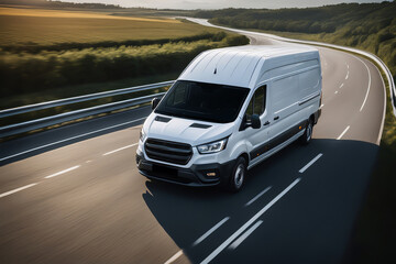 Obraz premium Delivery van on the road with motion blur background. Transportation concept.