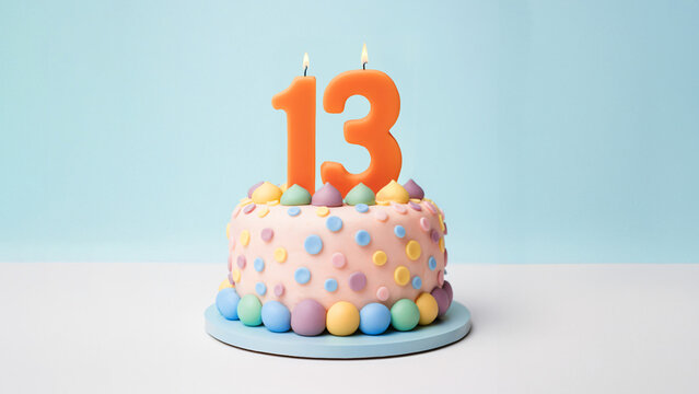 13th year birthday cake on isolated colorful pastel background