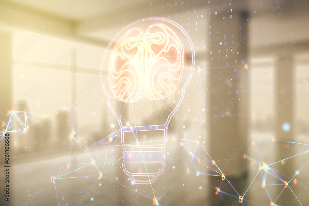 Aufkleber abstract virtual creative light bulb with human brain hologram on empty classroom background, artifi
