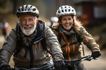 Fototapeta premium Senior couple riding bikes, healthy lifestyle