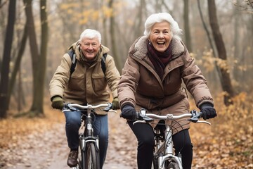 Obraz premium Senior couple riding bikes, healthy lifestyle