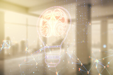 Abstract virtual creative light bulb with human brain hologram on empty classroom background, artificial Intelligence and neural networks concept. Multiexposure