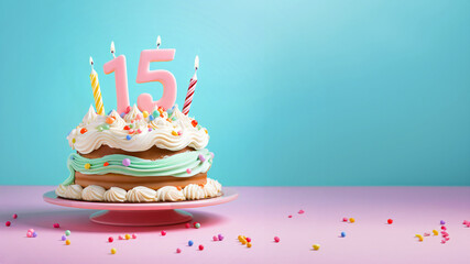 15th year birthday cake on isolated colorful pastel background