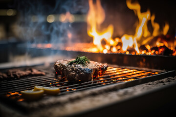 Preparing process of tasty juicy meat on grill fire, roasted grilled food illustration, cooking. Indoor background.