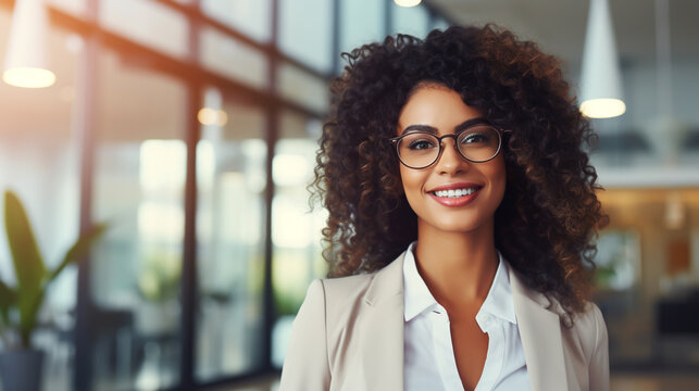 SMILING AFRICAN AMERICAN BUSINESSWOMAN, PROFESSIONAL MANAGER IN OFFICE. image created by legal AI