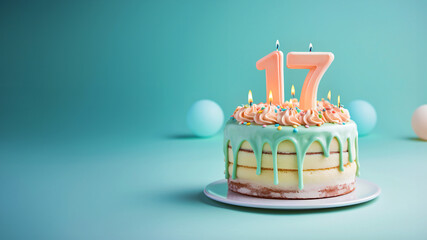17th year birthday cake on isolated colorful pastel background