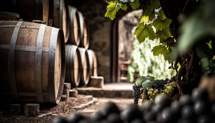 Close up old wine barrel, rural vineyard outdoor background.