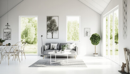 Modern cozy scandinavian living room interior with sofa and decorative elements. Shades of white. Indoor background.