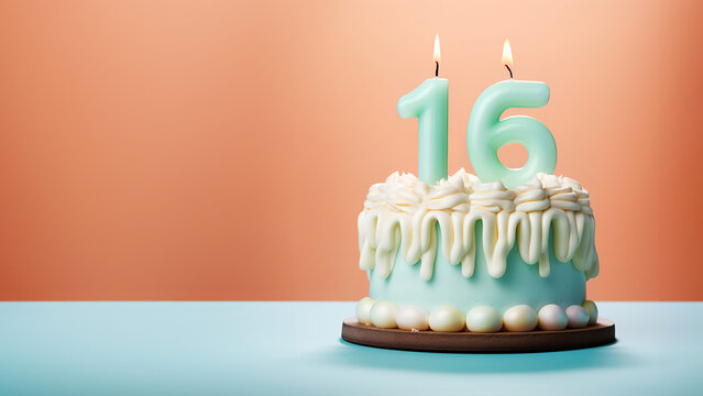 16th year birthday cake on isolated colorful pastel background
