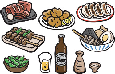 居酒屋風のお酒とおつまみのイラストセット