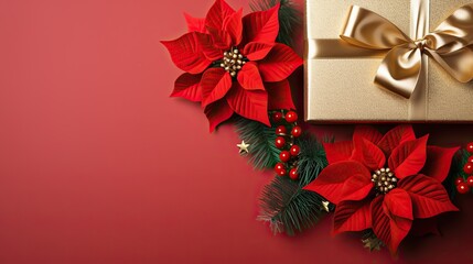 Christmas Poinsettia flower, berries, gift box closeup on a red background with copy space, top view, Merry Christmas and Happy New Year concept.