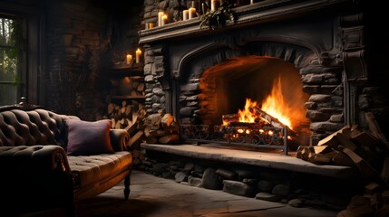 Fireplace with burning logs Generative AI
